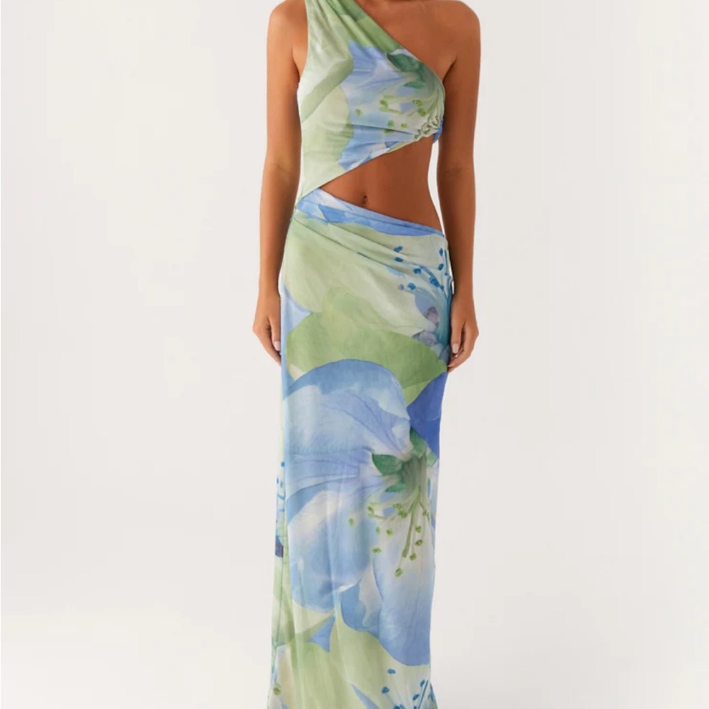 Green & Blue Floral One-Shoulder Cutout Maxi Dress